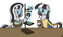 Size: 2000x1200 | Tagged: safe, artist:mkogwheel, derpibooru import, oc, oc only, oc:zeal lanatus, oc:zeta, zebra, bottle, chemistry, clipboard, duo, female, goggles, male, mare, mouth hold, open mouth, open smile, pencil, safety goggles, simple background, smiling, stallion, starry eyes, white background, wingding eyes, zebra oc