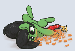 Size: 2540x1720 | Tagged: safe, artist:t72b, derpibooru import, oc, oc only, oc:anon filly, earth pony, pony, bag, cheetos, female, filly, foal, lying down, messy eating, on back, ponified, ponified animal photo, simple background, solo