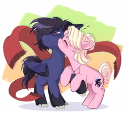 Size: 2048x1871 | Tagged: safe, artist:syrupyyy, derpibooru import, oc, oc only, oc:fenris ebonyglow, oc:kara waypoint, earth pony, original species, pegasus, pony, timber pony, timber wolf, blushing, clothes, female, kiss on the cheek, kissing, male, mare, scarf, shipping, stallion