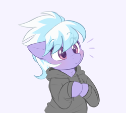 Size: 590x530 | Tagged: safe, artist:higglytownhero, derpibooru import, cloudchaser, pegasus, pony, bipedal, blushing, clothes, cute, cutechaser, ears, emanata, eyebrows, eyebrows visible through hair, female, floppy ears, hoodie, looking to side, looking to the right, mare, simple background, solo, white background