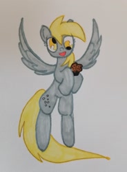 Size: 2294x3122 | Tagged: safe, artist:369treatment, derpibooru import, derpy hooves, pegasus, pony, cute, flying, food, happy, holding a muffin, muffin, smiling, solo, traditional art, wings