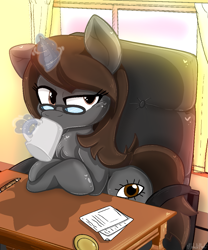 Size: 999x1199 | Tagged: safe, artist:malachimoet, derpibooru import, oc, oc:sonata, pony, unicorn, coffee cup, cup, drinking, glasses, lawyer, looking at you, office, office chair, solo, turnabout storm