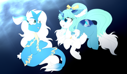 Size: 3207x1870 | Tagged: safe, artist:cassidyspectrum, derpibooru import, oc, oc only, hybrid, merpony, pony, seapony (g4), unicorn, blue mane, crepuscular rays, dorsal fin, fish tail, flowing tail, horn, looking at each other, looking at someone, ocean, open mouth, seaponified, smiling, species swap, sunlight, tail, underwater, water, white mane