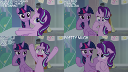 Size: 1280x720 | Tagged: safe, derpibooru import, edit, edited screencap, editor:quoterific, screencap, starlight glimmer, twilight sparkle, twilight sparkle (alicorn), alicorn, pony, unicorn, a horse shoe-in, season 9, spoiler:s09, duo, ears, female, floppy ears, mare, open mouth, open smile, school of friendship, smiling, text