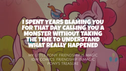 Size: 1280x720 | Tagged: safe, derpibooru import, edit, editor:quoterific, idw, fluttershy, pinkie pie, earth pony, pegasus, pony, duo, female, mare, open mouth, open smile, pony's treasure, smiling, text