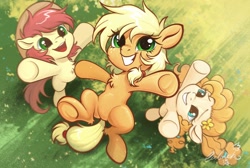 Size: 2048x1378 | Tagged: safe, artist:paipaishuaige, derpibooru import, applejack, bright mac, pear butter, earth pony, pony, brightabetes, buttercup, chest fluff, cute, father and child, father and daughter, female, filly, filly applejack, flower, flower in hair, foal, grin, jackabetes, male, mare, mother and child, mother and daughter, parent and child, pearabetes, smiling, stallion, trio, younger