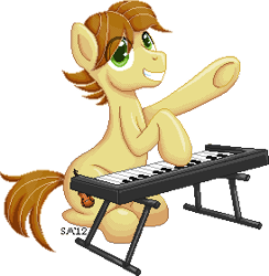 Size: 273x280 | Tagged: safe, artist:serenamidori, derpibooru import, oc, oc only, oc:mandopony, earth pony, pony, 2012, eye clipping through hair, keyboard, male, musical instrument, pixel art, simple background, stallion, transparent background