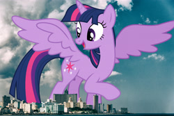 Size: 3812x2541 | Tagged: safe, artist:cloudyglow, artist:thegiantponyfan, derpibooru import, twilight sparkle, twilight sparkle (alicorn), alicorn, pony, cuba, female, giant alicorn, giant pony, giantess, havana, high res, highrise ponies, irl, looking back, macro, mare, mega giant, mega twilight sparkle, open mouth, photo, ponies in real life, raised hoof, raised leg, smiling, solo, spread wings, twizilla, wings