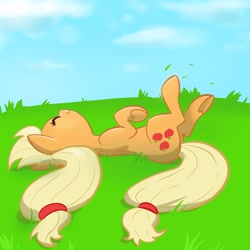 Size: 2048x2048 | Tagged: safe, artist:pfeffaroo, derpibooru import, applejack, earth pony, pony, cute, grass, happy, jackabetes, lying down, smiling, solo