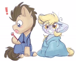 Size: 2462x1981 | Tagged: safe, artist:littleblackraencloud, derpibooru import, derpy hooves, doctor whooves, earth pony, pegasus, pony, blanket, clothes, duo, hoof hold, scrubs (gear), sick, simple background, snot bubble, stethoscope, thermometer, white background