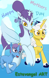 Size: 1200x1900 | Tagged: safe, artist:estevangel, derpibooru import, oc, oc only, pony, seapony (g4), unicorn, cloud, colored pupils, female, fin wings, fins, fish tail, golden eyes, horn, mare, open mouth, purple eyes, sky, smiling, tail, teeth, walking, water, white mane, wings