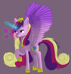 Size: 2084x2165 | Tagged: safe, artist:lefi32, derpibooru import, princess cadance, alicorn, pony, canterlot wedding 10th anniversary, colored wings, crown, female, glowing, glowing horn, gradient wings, heart, hoof shoes, horn, jewelry, magic, mare, raised hoof, raised leg, regalia, shadow, signature, simple background, solo, spread wings, wings