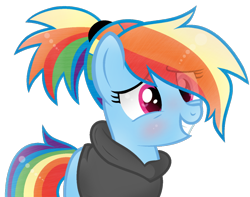 Size: 1024x806 | Tagged: safe, artist:xmelodyskyx, derpibooru import, edit, rainbow dash, earth pony, pony, alternate hairstyle, blushing, clothes, cute, dashabetes, eye clipping through hair, female, grin, hoodie, mare, ponytail, race swap, simple background, smiling, solo, transparent background