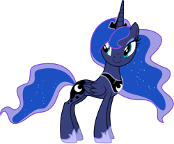 Size: 3619x3000 | Tagged: safe, artist:cloudyglow, derpibooru import, princess luna, alicorn, pony, luna eclipsed, .ai available, female, folded wings, full body, high res, hoof shoes, hooves, horn, mare, side view, simple background, smiling, solo, standing, tail, transparent background, vector, wings
