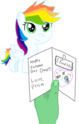 Size: 571x892 | Tagged: safe, derpibooru import, rainbow dash, oc, oc:anon, human, pegasus, pony, father's day, female, filly, foal, hand, male, offscreen character, offscreen human, offscreen male, parent:anon, parent:rainbow dash, simple background, white background