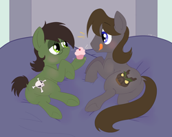 Size: 1800x1434 | Tagged: safe, derpibooru import, oc, oc only, oc:mitzi, oc:rockall, earth pony, pony, series:bed-breaker, bed, bedroom, bedroom eyes, cupcake, duo, earth pony oc, female, food, glasses, licking, licking lips, male, male and female, mare, shipping fuel, stallion, this will end in weight gain, tongue, tongue out, weight gain sequence