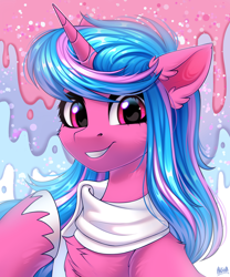 Size: 2500x3000 | Tagged: safe, artist:hakaina, derpibooru import, oc, oc only, oc:echo shade, pony, unicorn, fanfic:song of seven, abstract background, blue mane, bust, clothes, hooves, horn, pink eyes, raised hoof, raised leg, scarf, smiling, solo, striped mane, unicorn oc, white hooves