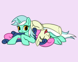 Size: 1280x1023 | Tagged: safe, artist:relisreal, derpibooru import, bon bon, lyra heartstrings, sweetie drops, earth pony, pony, unicorn, amused, bon bon is amused, duo, female, laughing, lesbian, lying down, lying on top of someone, lyrabon, pink background, prone, shipping, simple background