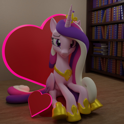 Size: 3840x3840 | Tagged: safe, artist:the luna fan, derpibooru exclusive, derpibooru import, princess cadance, canterlot wedding 10th anniversary, 3d, blender, blender cycles, book, bookshelf, crown, heart, jewelry, library, looking at you, pillow, regalia, sitting, smiling, solo