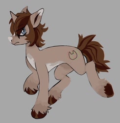 Size: 1132x1157 | Tagged: safe, artist:breakcqrpse, derpibooru import, oc, oc only, pony, unicorn, annoyed, bicolor mane, blue eyes, brown coat, brown mane, gray background, hooves, horn, simple background, unicorn oc, walking