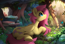 Size: 2500x1704 | Tagged: safe, artist:yakovlev-vad, derpibooru import, fluttershy, butterfly, pegasus, pony, book, cute, daaaaaaaaaaaw, detailed background, female, looking to side, looking to the right, looking up, lying down, mare, prone, rain, shelter, shyabetes, solo