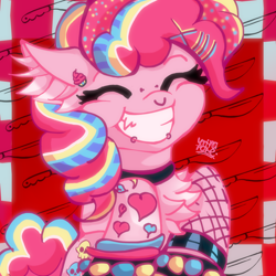 Size: 3000x3000 | Tagged: safe, artist:umbrapone, derpibooru import, pinkie pie, earth pony, pony, accessories, beads, checkered background, chest fluff, ear fluff, ear piercing, ears, eyes closed, fangs, fishnet stockings, grin, hairpin, heart, implied cupcakes, knife, lip piercing, looking at you, multicolored mane, multicolored tail, piercing, punkie pie, rawr, rawrified, scene kid, smiling, smiling at you, solo, tail