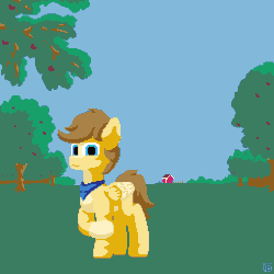 Size: 1024x1024 | Tagged: safe, artist:vohd, derpibooru import, oc, oc only, oc:buttercup, oc:remnant, ghost, pegasus, pony, undead, animated, apple, armor, farm, fire, food, gif, glowing, glowing eyes, pixel art, sword, weapon