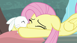 Size: 1920x1080 | Tagged: safe, derpibooru import, screencap, angel bunny, fluttershy, earth pony, pegasus, pony, season 9, she talks to angel, spoiler:s09, duo, eyes closed, female, hug, male, mare