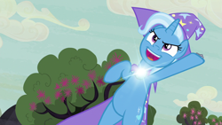 Size: 1280x720 | Tagged: safe, derpibooru import, edit, edited screencap, screencap, trixie, pony, unicorn, to where and back again, bipedal, brooch, cape, clothes, female, flower, glowing, hat, jewelry, light up, open mouth, rearing, shine, solo, tree, trixie's brooch, trixie's cape, trixie's glowing brooch, trixie's hat, wizard hat