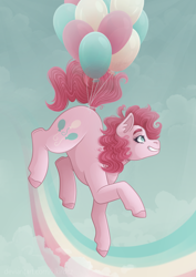 Size: 2480x3507 | Tagged: safe, artist:kikirdcz, derpibooru import, pinkie pie, earth pony, pony, balloon, cloud, cute, diapinkes, female, floating, grin, mare, pinkie being pinkie, rainbow, sky, smiling, solo, then watch her balloons lift her up to the sky, unshorn fetlocks