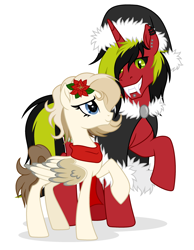 Size: 2342x3024 | Tagged: safe, artist:rioshi, artist:starshade, derpibooru import, oc, oc only, oc:melony sweetsong, oc:pynoka, pegasus, pony, unicorn, 2022, base used, black sclera, blue eyes, colored sclera, cute, ear fluff, ears, equine, fangs, female, finished commission, fluffy, fur, green eyes, grin, hair, happy new year, head fluff, holiday, looking at something, male, pegasus oc, red body, simple background, sitting, smiling, stallion, starry eyes, stars, tail, white background, wingding eyes, wings