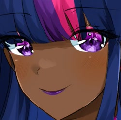 Size: 367x366 | Tagged: safe, artist:mayavtuber, derpibooru import, twilight sparkle, human, blushing, bust, close-up, cute, dark skin, eyeshadow, female, humanized, lipstick, makeup, solo, twiabetes