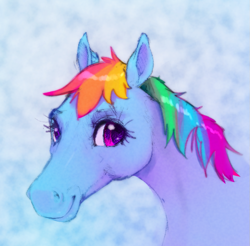 Size: 829x815 | Tagged: safe, artist:xbi, derpibooru import, rainbow dash, pony, blue background, bust, female, hoers, mare, portrait, semi-realistic, simple background, solo