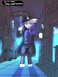 Size: 2000x2650 | Tagged: safe, artist:freak-side, derpibooru import, rarity, semi-anthro, unicorn, blade runner, city, clothes, gun, hat, jacket, pants, rain, solo, umbrella, weapon