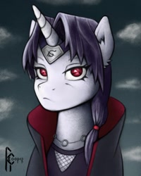 Size: 1620x2025 | Tagged: safe, artist:rcooper, derpibooru import, pony, unicorn, akatsuki, bust, ear fluff, ears, fanart, headband, jewelry, naruto, necklace, ninja, ponified, sharingan, simple background, solo, uchiha itachi