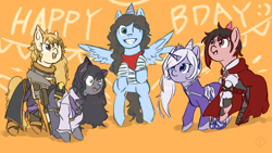 Size: 1920x1080 | Tagged: safe, artist:metaruscarlet, derpibooru import, oc, oc:badgering badger, cat, cat pony, cyborg, earth pony, original species, pegasus, pony, unicorn, amputee, bandana, banner, belt, birthday, birthday gift, blake belladonna, boots, cape, cloak, clothes, coat, crossover, dress, eye scar, fangs, female, fingerless gloves, gloves, grin, hat, high heel boots, jacket, jeans, male, mare, one eye closed, open mouth, orange background, pants, party hat, ponified, prosthetic limb, prosthetics, ruby rose, rwby, scar, shirt, shoes, simple background, skirt, smiley face, smiling, stallion, weiss schnee, wink, yang xiao long