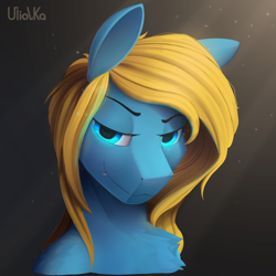 Size: 3000x3000 | Tagged: safe, artist:uliovka, derpibooru import, oc, oc only, oc:solaris spark, bat pony, bat pony oc, black background, bust, high res, looking at you, signature, simple background, smiling, smiling at you, solo
