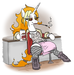 Size: 530x543 | Tagged: safe, artist:jargon scott, derpibooru import, oc, oc only, oc:dyx, alicorn, pony, alcohol, alicorn oc, beer, beer can, boots, cigarette, cigarette holder, clothes, eye clipping through hair, eyebrows, eyebrows visible through hair, female, fishnets, horn, jacket, looking at you, mare, shirt, shoes, sitting, smiling, smiling at you, smoking, solo