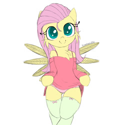 Size: 1080x1080 | Tagged: safe, artist:fajnyziomal, derpibooru import, fluttershy, pegasus, pony, semi-anthro, cheek fluff, chest fluff, clothes, commission, female, looking at you, mare, panties, pink underwear, simple background, smiling, smiling at you, socks, solo, spread wings, stockings, thigh highs, underwear, white background, wings, your character here