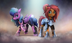 Size: 4950x2970 | Tagged: safe, artist:magfen, derpibooru import, oc, oc only, earth pony, pegasus, pony, fanfic:rekindled embers, armor, bow, chainmail, duo, female, grin, hair, looking at you, mare, plate armor, scar, signature, smiling, smiling at you, tail bow
