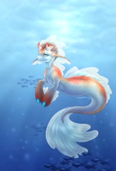 Size: 1181x1748 | Tagged: safe, artist:ink-katart, derpibooru import, oc, oc only, hybrid, merpony, seapony (g4), blue eyes, bubble, crepuscular rays, dorsal fin, fins, fish tail, flowing mane, flowing tail, gills, koi pony, lidded eyes, looking at you, mermay, ocean, signature, smiling, solo, sunlight, swimming, tail, underwater, water