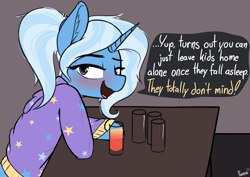 Size: 2442x1731 | Tagged: safe, artist:pinkberry, derpibooru import, trixie, pony, semi-anthro, unicorn, alcohol, alternate hairstyle, babysitter trixie, bar, blushing, clothes, cocktail, colored, colored sketch, dialogue, drink, drunk, drunk bubbles, go home you're drunk, hoodie, irresponsible, pigtails, sex on the beach, sketch, text, the great and alcoholics trixie, unprofessional behavior