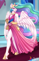 Size: 792x1224 | Tagged: safe, artist:inkkeystudios, derpibooru import, princess celestia, alicorn, anthro, unguligrade anthro, braless, breasts, carpet, cleavage, clothes, dress, female, looking to side, looking to the right, mare, quill, scroll, side slit, signature, smiling, solo, throne room, total sideslit, walking