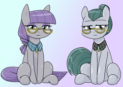 Size: 1117x790 | Tagged: safe, alternate version, artist:batipin, derpibooru import, part of a set, cloudy quartz, maud pie, earth pony, pony, alternate hairstyle, blue background, duo, duo female, female, glasses, gradient background, lidded eyes, looking at you, mare, mother and child, mother and daughter, parent and child, purple background, simple background, sitting