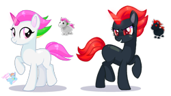 Size: 2140x1204 | Tagged: safe, artist:rainbow eevee, derpibooru import, unicorn, adopt me!, animal in mlp form, base used, colored pupils, duo, evil unicorn, eyelashes, glowing, glowing eyes, glowing horn, horn, multicolored mane, no cutie marks because im lazy, pink eyes, red eyes, red mane, roblox, simple background, transparent background