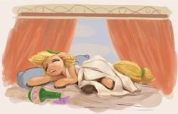 Size: 3120x1993 | Tagged: safe, artist:applephil, derpibooru import, applejack, earth pony, pony, alcohol, alternate hairstyle, bed, clothes, drool, drunk, drunk aj, female, lying down, majestic as fuck, mare, on side, solo, toga, underhoof, wine