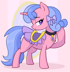 Size: 1178x1202 | Tagged: safe, artist:ahobobo, derpibooru import, royal ribbon, pony, unicorn, choker, female, mare, profile, ribbon, saddle, side view, solo, tack