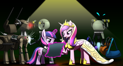 Size: 2791x1493 | Tagged: safe, artist:questionmarkdragon, derpibooru import, princess cadance, twilight sparkle, unicorn twilight, alicorn, pony, unicorn, fallout equestria, assaultron, duo, duo female, fallout, female, glowing, glowing horn, high res, horn, levitation, magic, magic aura, mare, mister gutsy, mister handy, open mouth, sisters-in-law, telekinesis