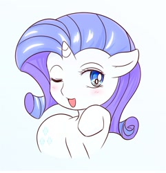 Size: 689x715 | Tagged: safe, artist:auntie_grub, derpibooru import, rarity, pony, unicorn, female, horn, looking at you, mare, one eye closed, open mouth, open smile, raised hoof, raised leg, simple background, smiling, smiling at you, solo, wink, winking at you