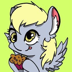 Size: 1951x1951 | Tagged: safe, artist:rainbowwing, derpibooru import, derpy hooves, pegasus, pony, :3, derp, ear fluff, ears, female, food, green background, hoof hold, mare, muffin, simple background, solo, spread wings, tongue, tongue out, wings